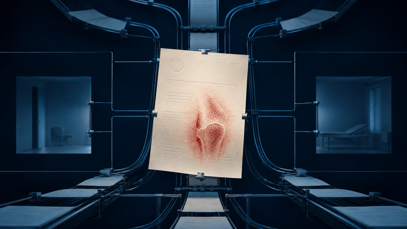A clinical postcard bearing a knee anatomy illustration suspended between two empty exam rooms. The documented exam that never physically took place.