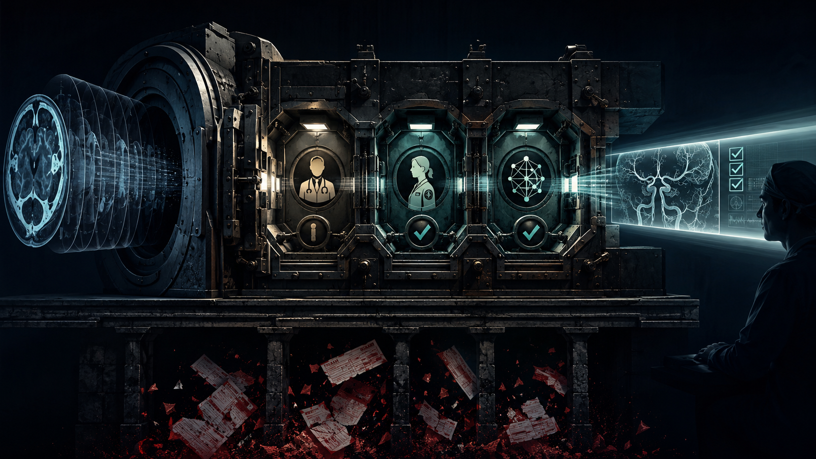 The Evidence Machine. A fortified vault sealed behind three credentialed validation gates — ordering physician, ARRT-credentialed technologist, neurointerventional specialist — channels raw imaging data into a continuous chain of validated, defensible evidence. Below the platform, the shredded paper records of documentation-after-the-fact architectures lie broken in red light.