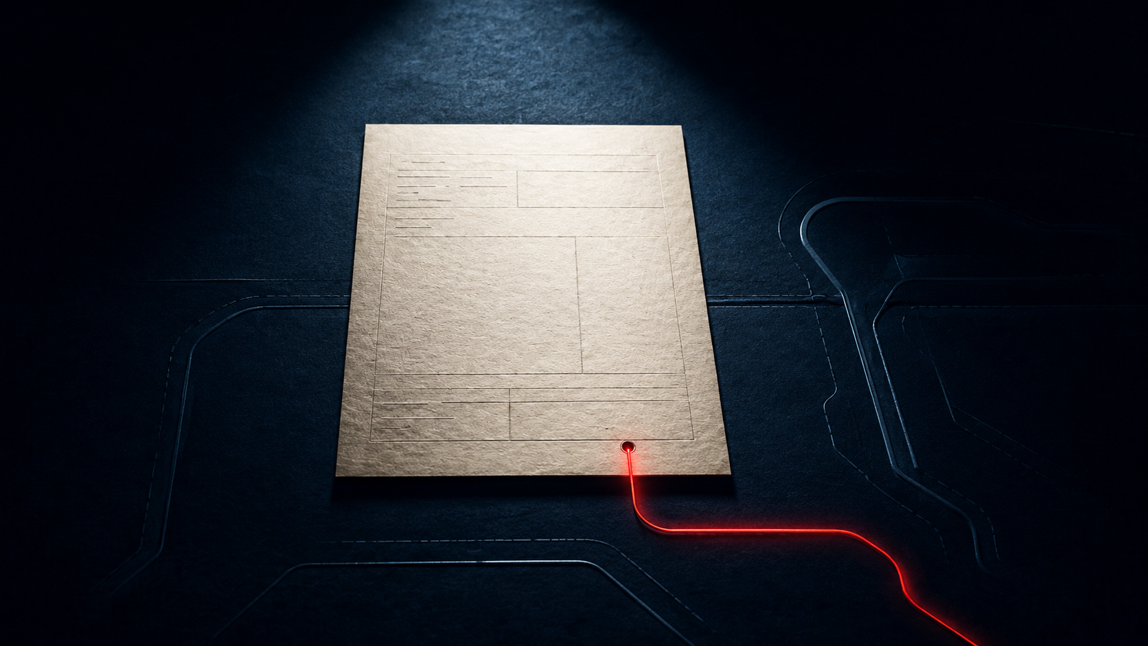A dark close-up of a single tan clinical-note form lying on a high-tech surface. A thin red signal line traces out of one corner of the page and flows into a network of black circuit pathways stitched across the dark floor, suggesting that one sentence on the page is propagating into every downstream system. Sparse light from above isolates the page; the rest of the frame is shadowed. The cover image for the issue.