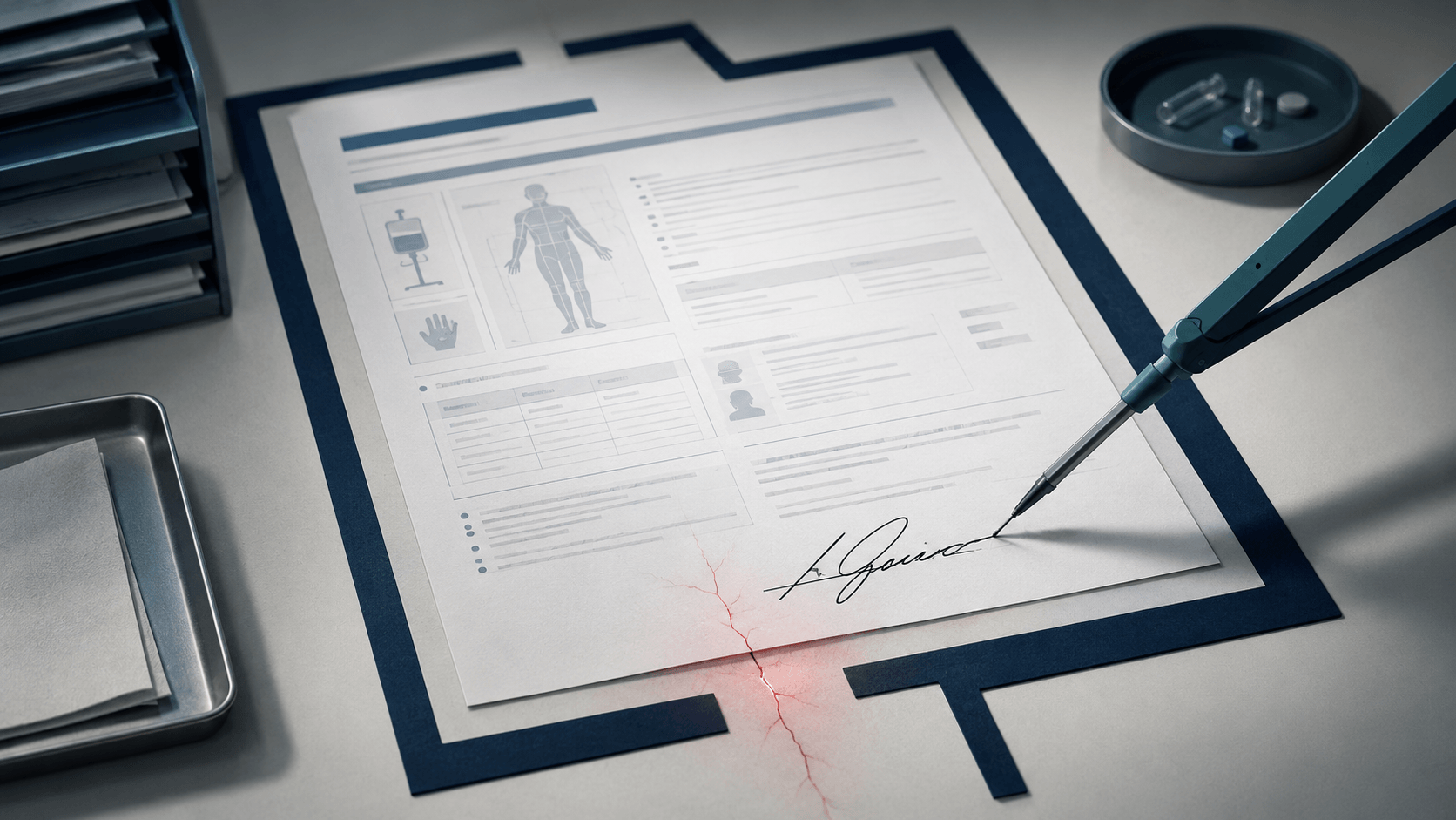 The Clean Signature. A clinician's pen signs an AI-drafted clinical document inside a sharp navy bracket, and a thin red fracture runs out from beneath the signature line across the page. A pill tray and a stack of charts sit nearby. The cover image for the issue: the draft reads clean, the signature goes down, and the missing contraindication travels with it.